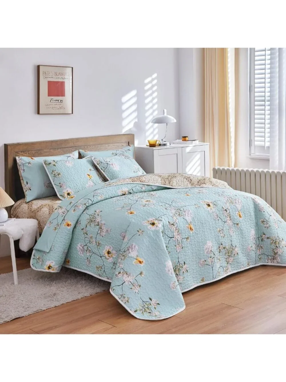 Reversible Floral Quilt Set - Aqua Microfiber Bedspread, Lightweight All-Season